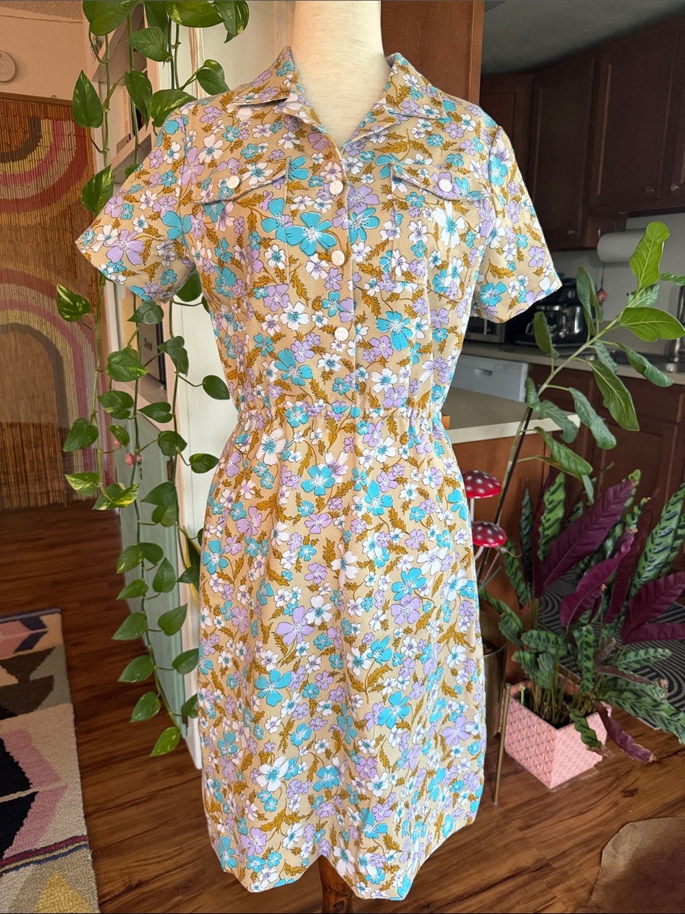 Vintage Short-Sleeve Floral Dress in Mustard, Turquoise, Lilac